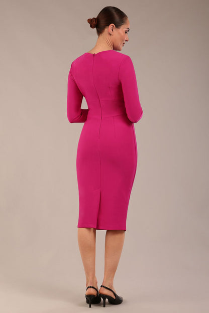 model wearing a diva catwalk Olgivy Long Sleeve Knee Length Pencil Dress round neckline and long sleeve in magenta colour