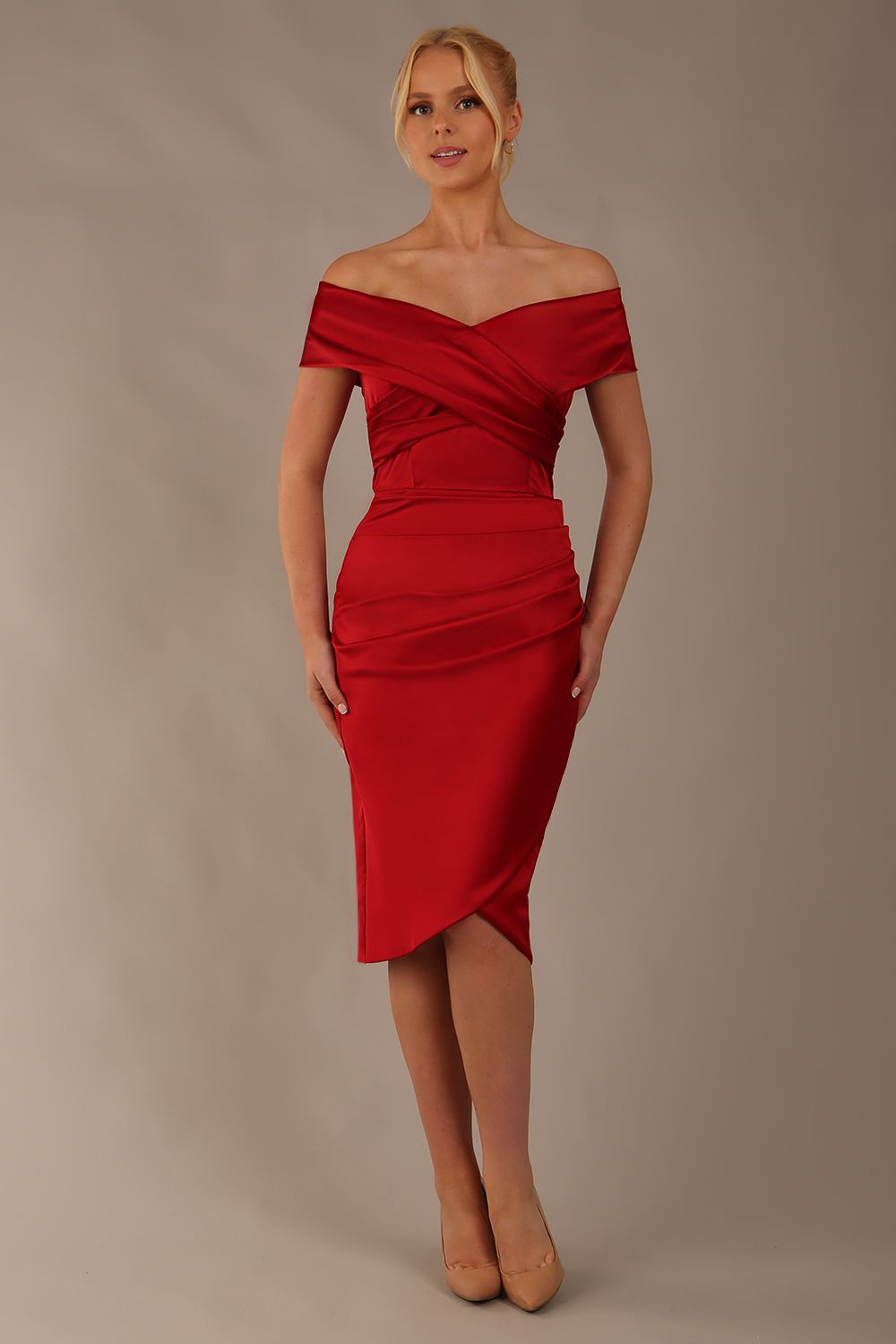 model is wearing diva catwalk casa blanca satin Haute Red pencil dress off shoulder design front close-up (Haute Red)