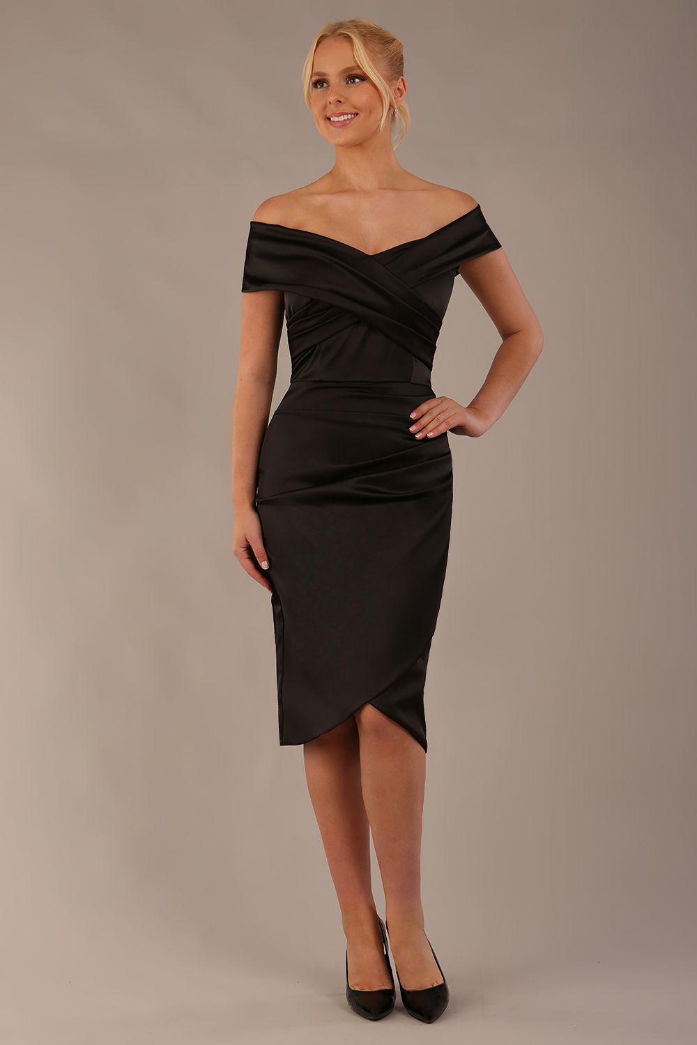 model is wearing diva catwalk casa blanca satin black pencil dress off shoulder design front (Black)
