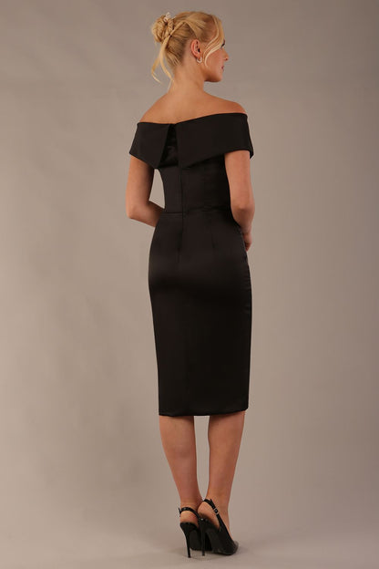 model is wearing diva catwalk casa blanca satin black pencil dress off shoulder design front (Black)