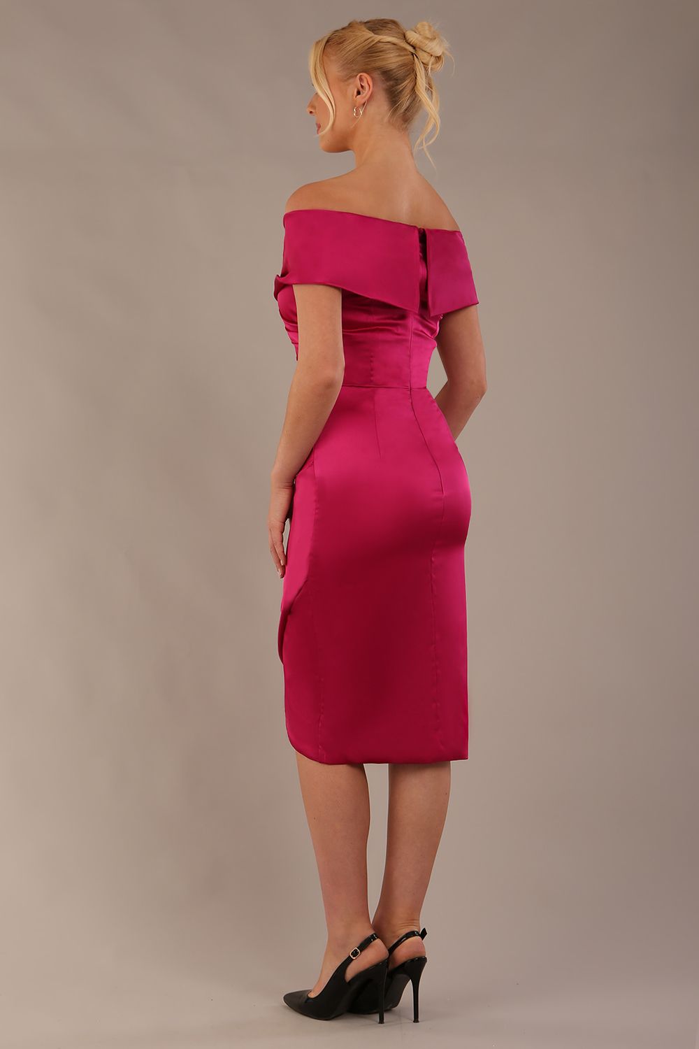 model is wearing diva catwalk casa blanca satin fuchsia pink pencil dress off shoulder design front (Fuchsia Pink)