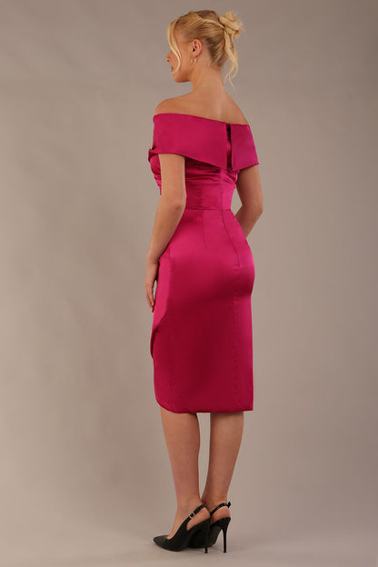 model is wearing diva catwalk casa blanca satin fuchsia pink pencil dress off shoulder design front (Fuchsia Pink)