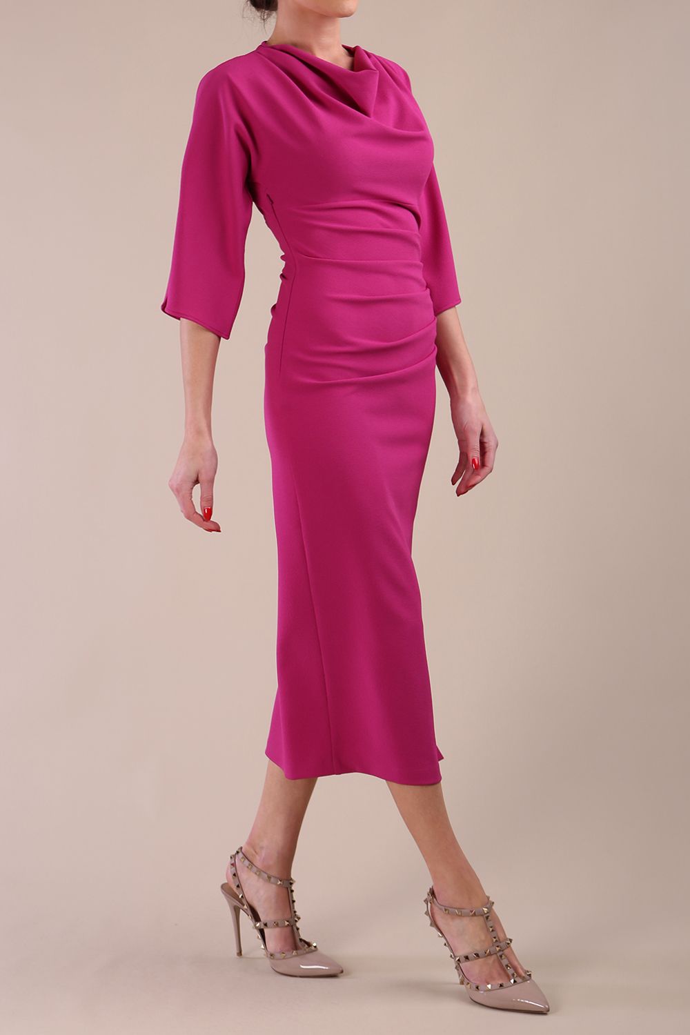 Model wearing diva catwalk Diana Cowl Neck pencil skirt dress Magenta  Haze