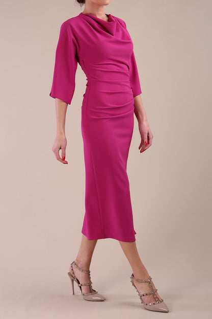 Model wearing diva catwalk Diana Cowl Neck pencil skirt dress Magenta  Haze