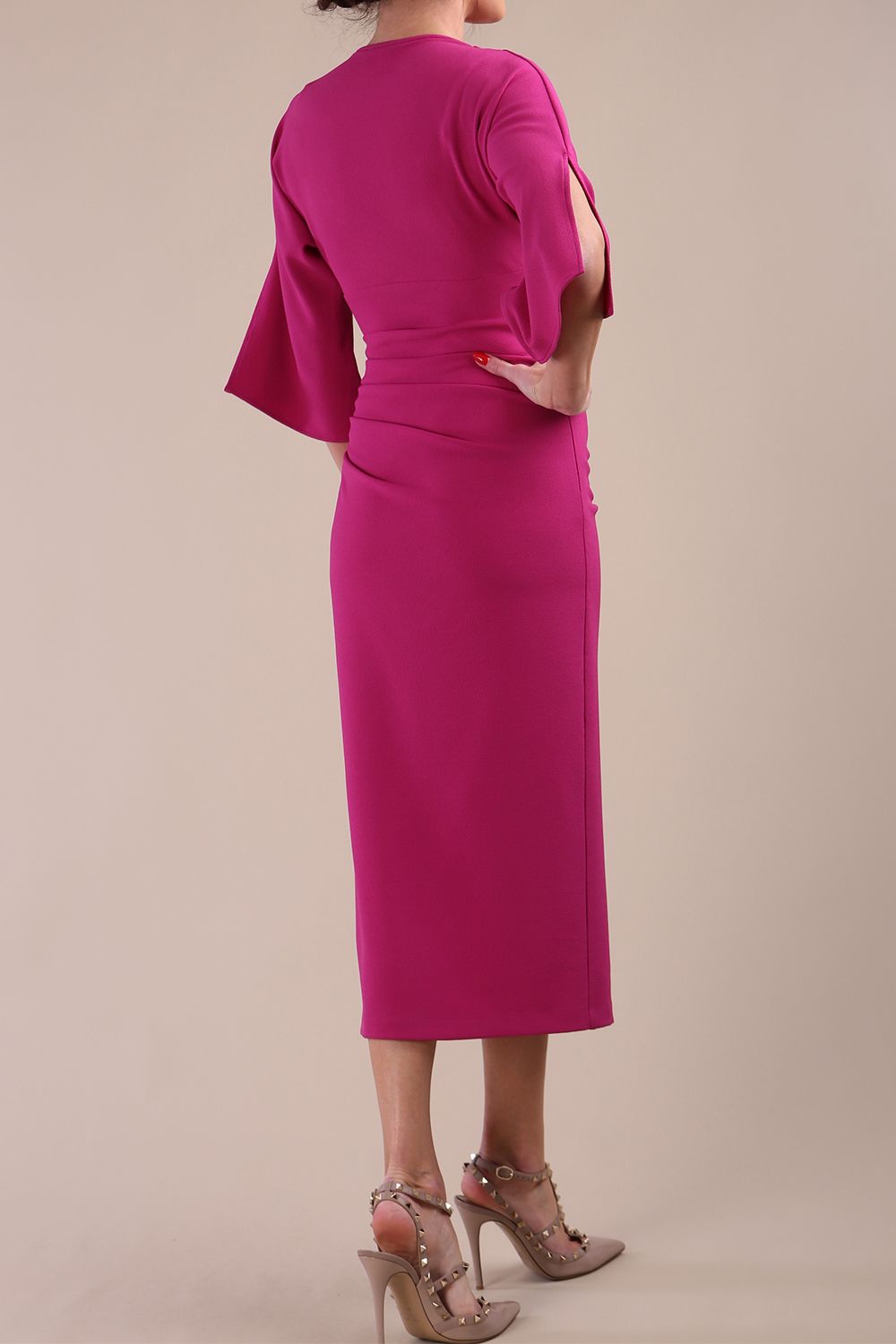 Model wearing diva catwalk Diana Cowl Neck pencil skirt dress Magenta  Haze