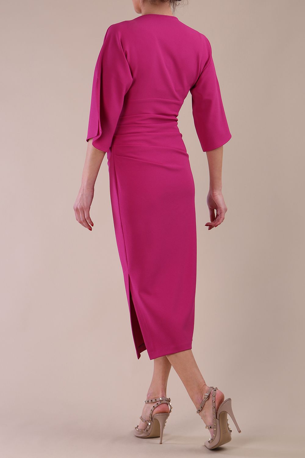 Model wearing diva catwalk Diana Cowl Neck pencil skirt dress Magenta  Haze