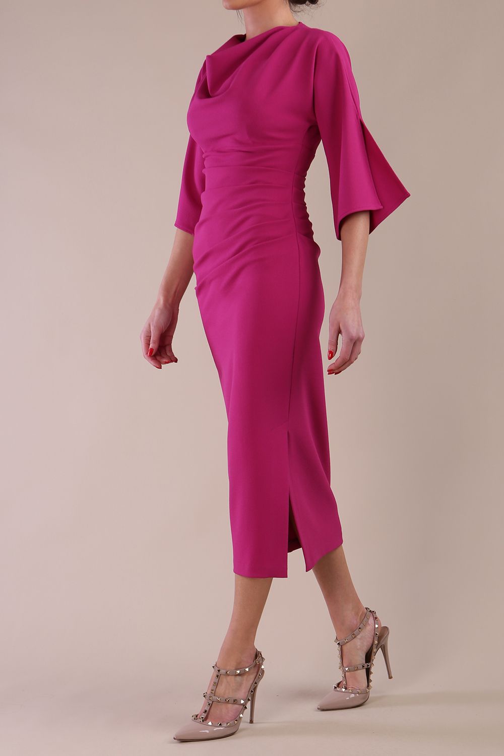Model wearing diva catwalk Diana Cowl Neck pencil skirt dress Magenta  Haze