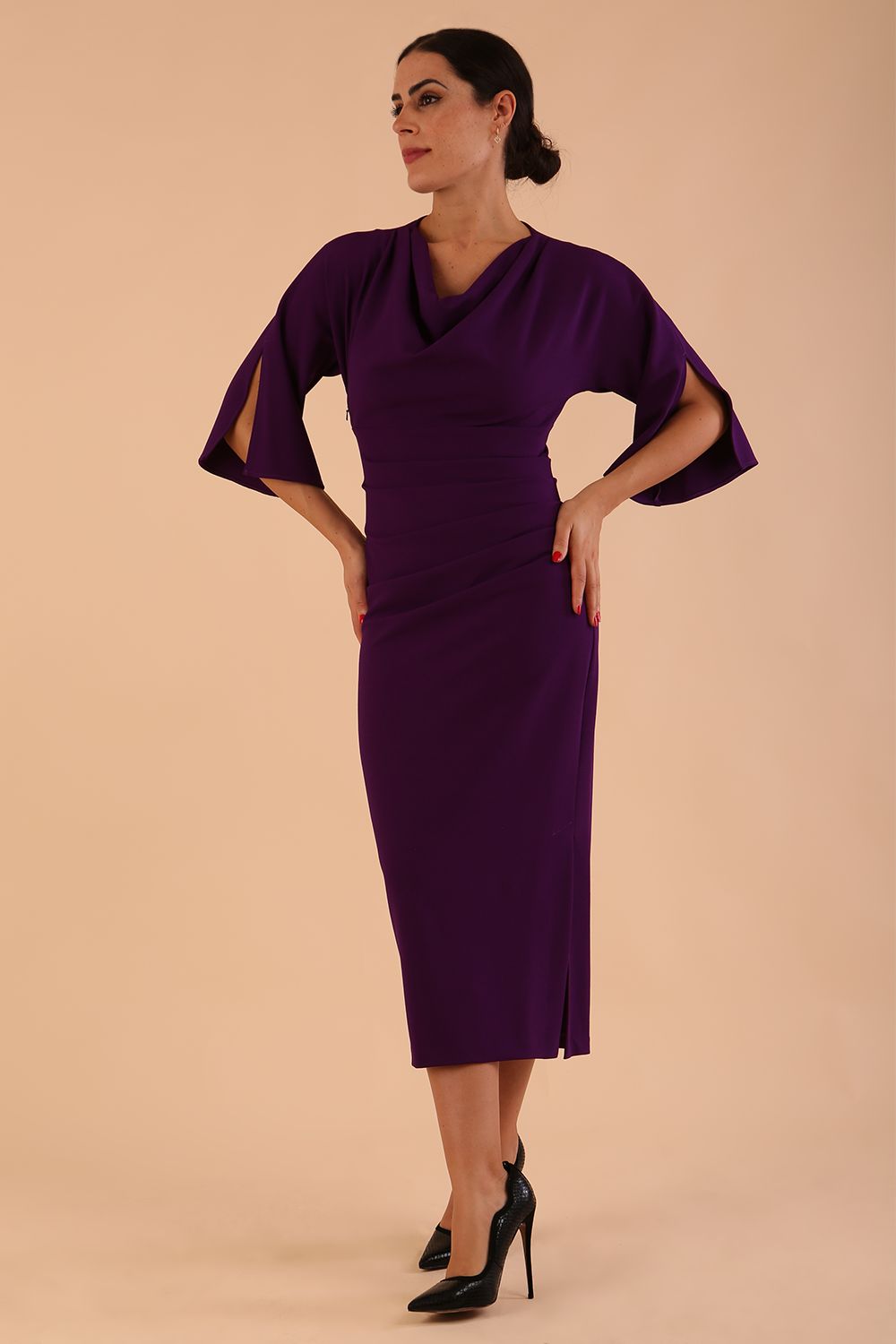 Model wearing diva catwalk Diana Cowl Neck pencil skirt dress in purple