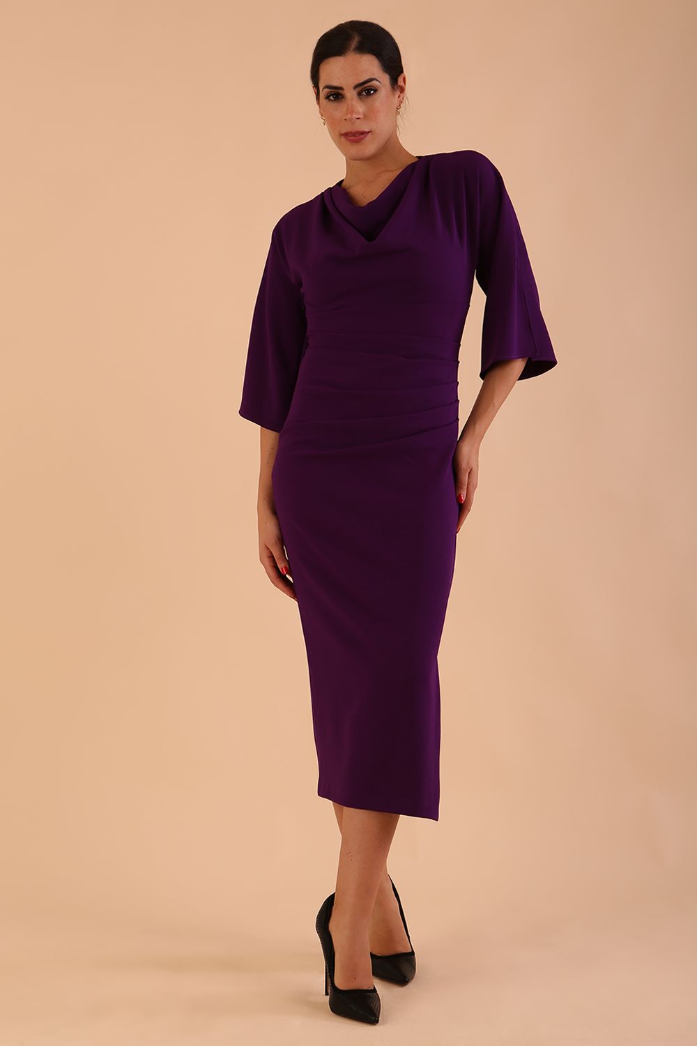 Model wearing diva catwalk Diana Cowl Neck pencil skirt dress in purple