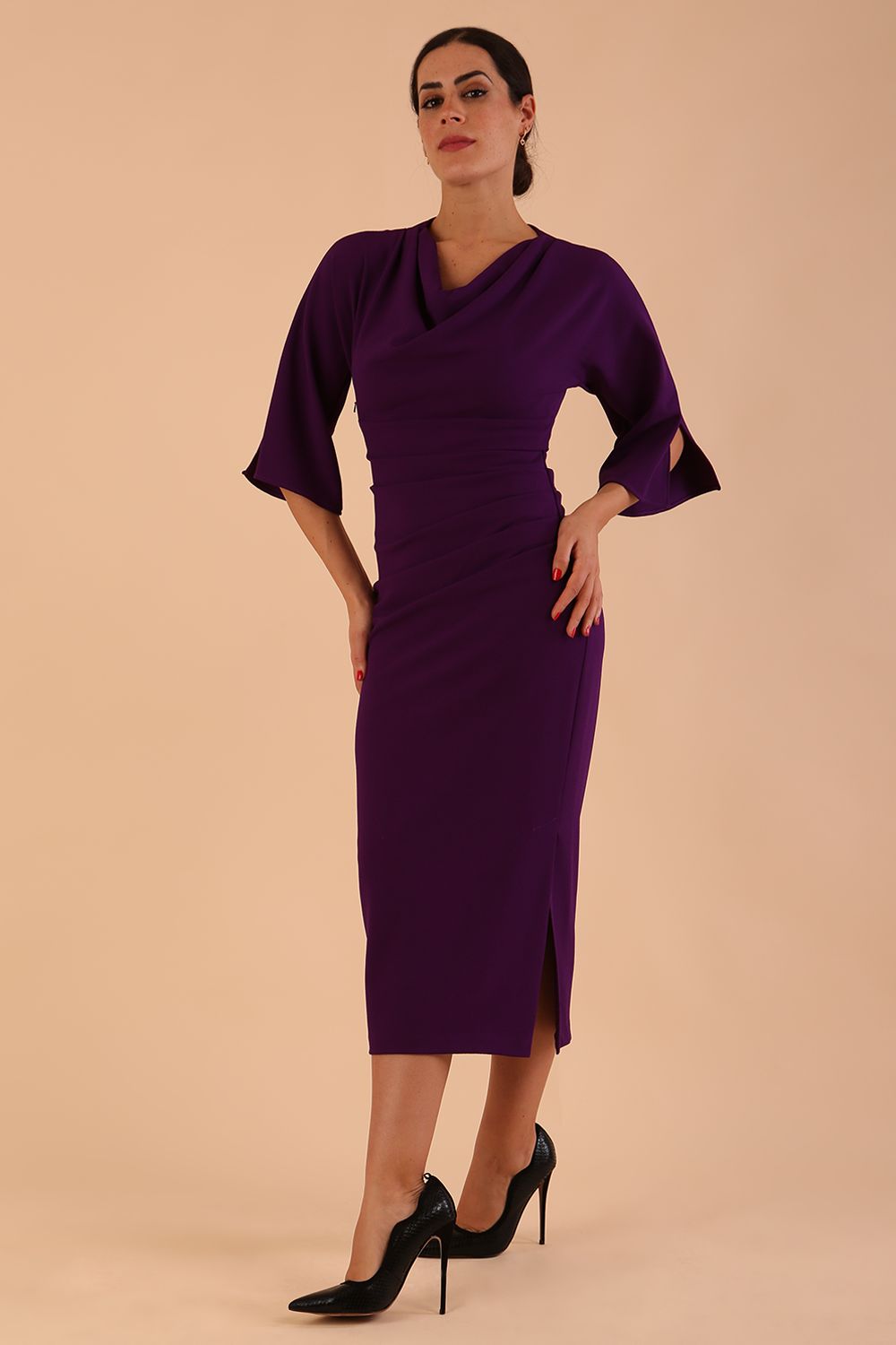 Model wearing diva catwalk Diana Cowl Neck pencil skirt dress in purple