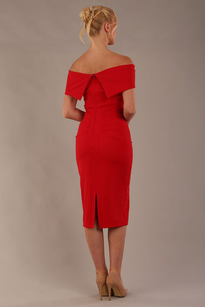 model is wearing diva catwalk amelia pencil dress with bardot neckline and ruched back in Scarlet Red front (Scarlet Red)