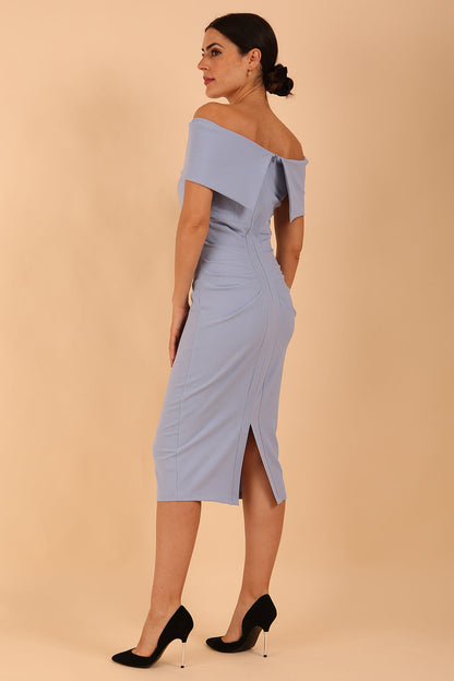 model is wearing diva catwalk amelia pencil dress with bardot neckline and ruched back in Powder Blue (Powder Blue)