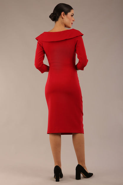 Model is wearing a diva catwalk Bentley 3/4 Sleeve Knee Length Pencil Dress in Dark Red colour back