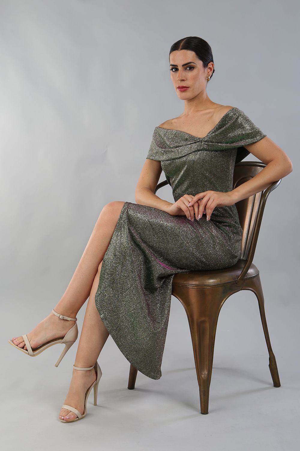model is wearing diva catwalk unity glitter maxi dress with off shoulder bardot neckline and tulip design skirt in sherwood colour front