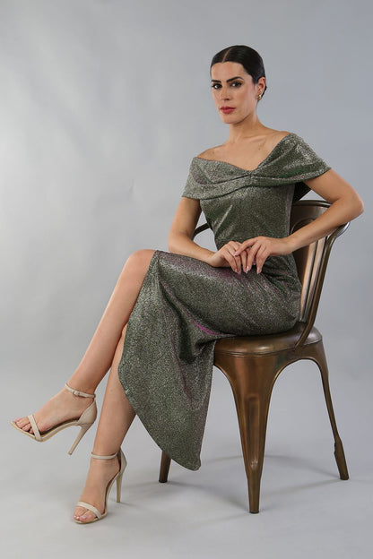 model is wearing diva catwalk unity glitter maxi dress with off shoulder bardot neckline and tulip design skirt in sherwood colour front