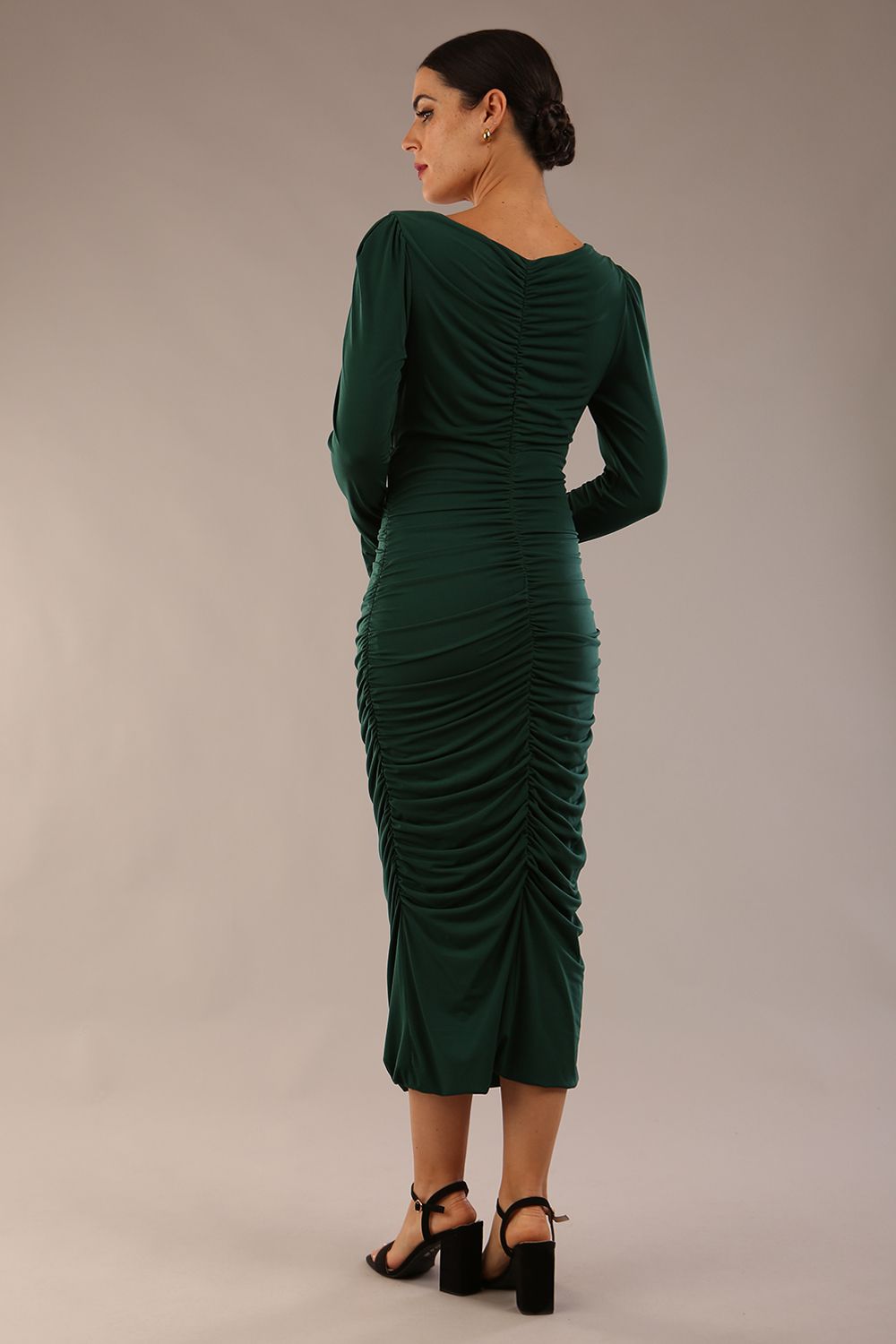 Model wearing diva catwalk Kiki Silky Stretch Ruched Midaxi Dress in Forest Green front