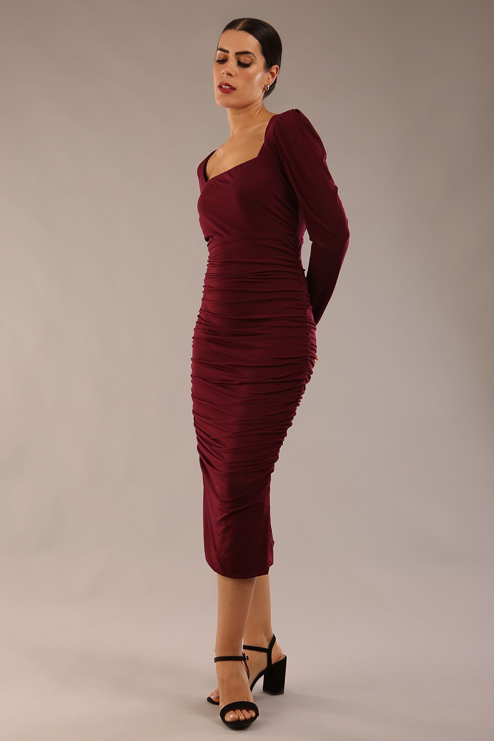 Model wearing diva catwalk Kiki Silky Stretch Ruched Midaxi Dress in Burgundy back