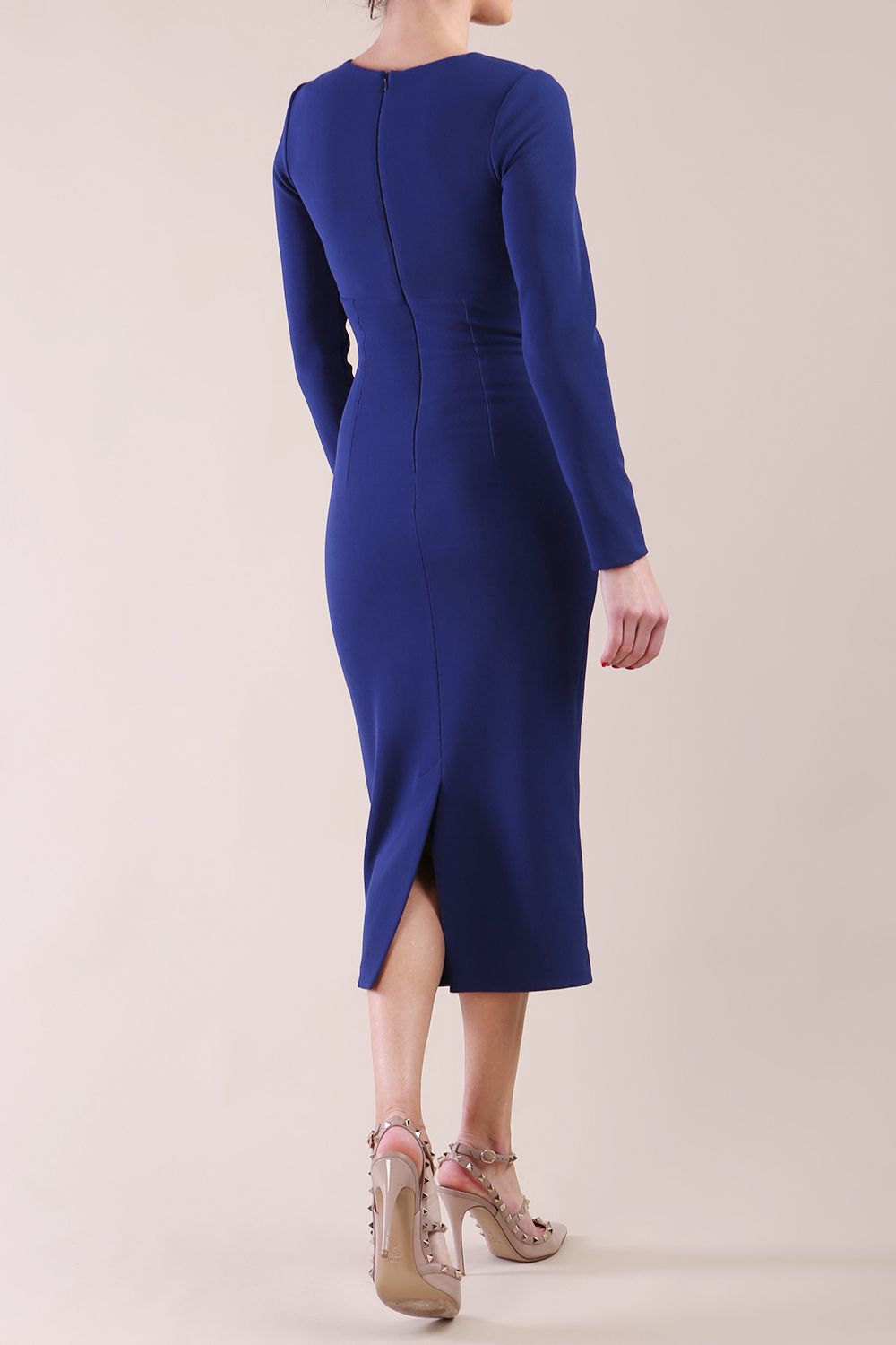 Model wearing diva catwalk Long Sleeved Lydia Midi pencil dress in Navy Blue