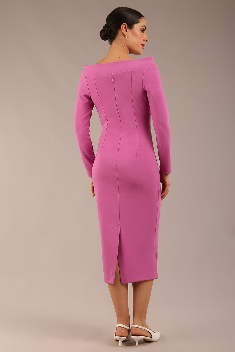 brunette Model is wearing a DIVA Catwalk Faye Off Shoulder Long Sleeve Midi Pencil Dress in Rosebud Pink colour front image