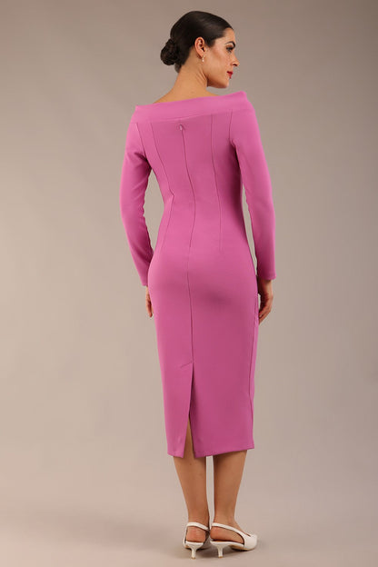 brunette Model is wearing a DIVA Catwalk Faye Off Shoulder Long Sleeve Midi Pencil Dress in Rosebud Pink colour front image