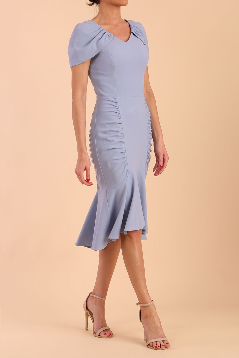 Model wearing diva catwalk Seraphina Fishtail skirt dress in Powder Blue front