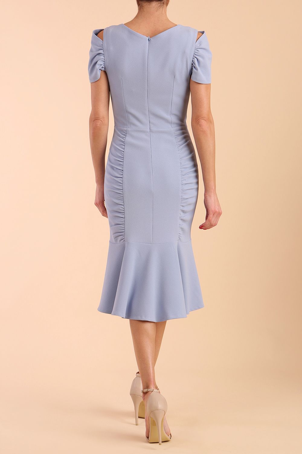Model wearing diva catwalk Seraphina Fishtail skirt dress in Powder Blue front