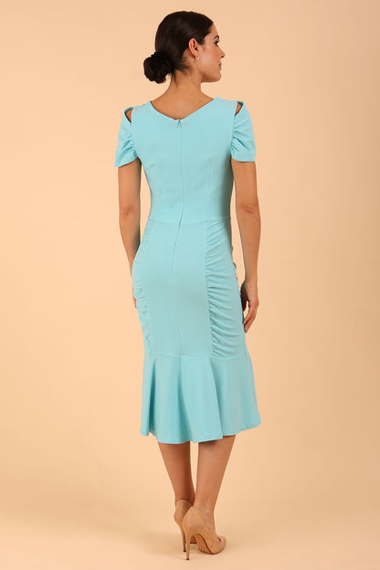 Model wearing diva catwalk Seraphina Fishtail skirt dress in Turquoise front