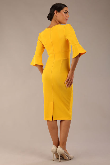 Model wearing diva catwalk Santorini 3/4 Length Bell Sleeve Midi Pencil Dress in Sunshine Yellow front