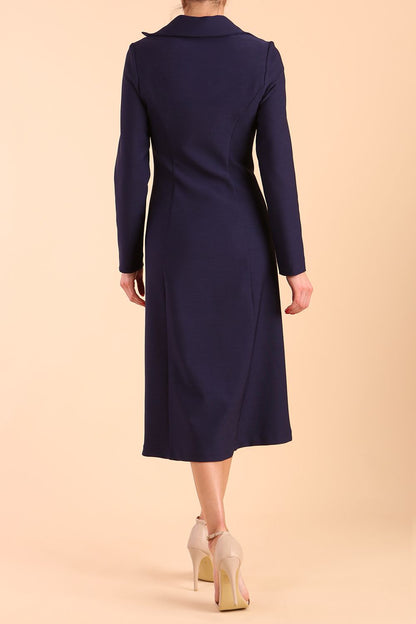 Model wearing diva catwalk Heston Long Sleeve Coat Dress in Navy Blue front