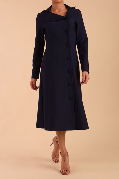 Model wearing diva catwalk Heston Long Sleeve Coat Dress in Navy Blue front