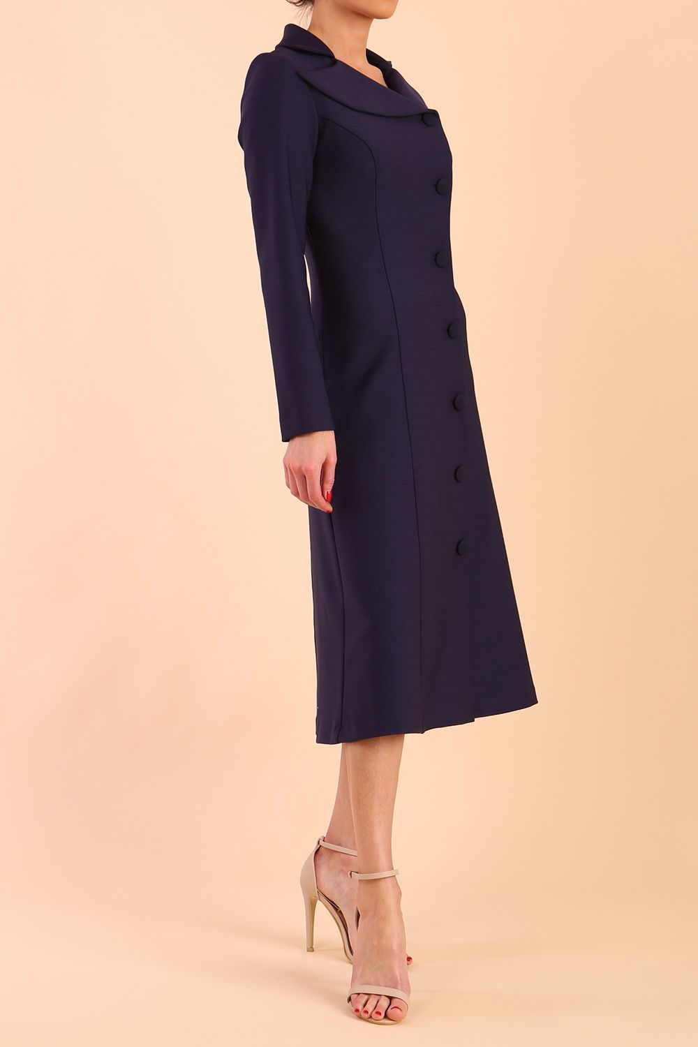 Model wearing diva catwalk Heston Long Sleeve Coat Dress in Navy Blue front