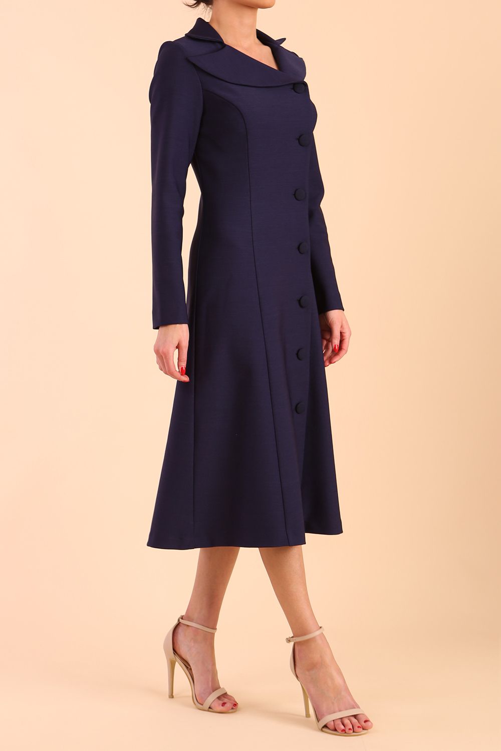 Model wearing diva catwalk Heston Long Sleeve Coat Dress in Navy Blue front