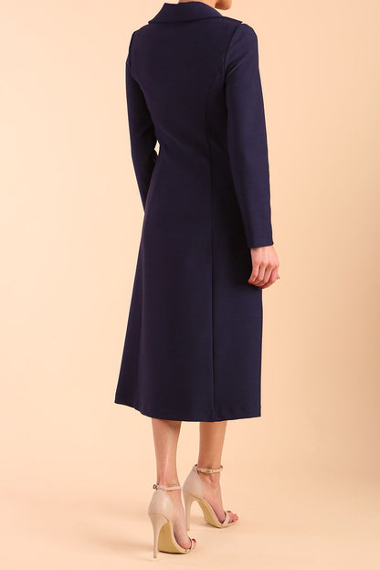 Model wearing diva catwalk Heston Long Sleeve Coat Dress in Navy Blue front