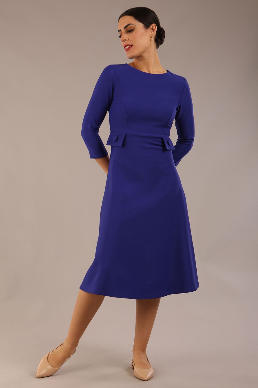 Model wearing diva catwalk Gresham 3/4 Sleeve Knee Length A-Line Dress in Palace Blue  front