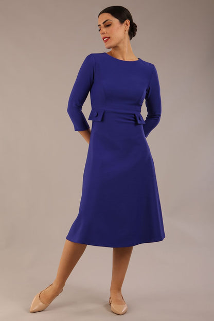 Model wearing diva catwalk Gresham 3/4 Sleeve Knee Length A-Line Dress in Palace Blue  front