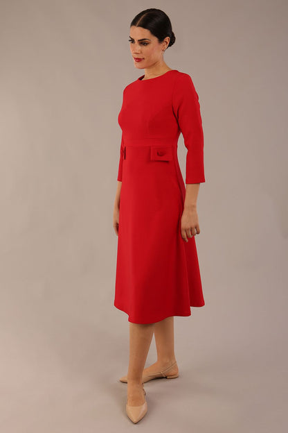 Model wearing diva catwalk Gresham 3/4 Sleeve Knee Length A-Line Dress in Salsa Red back