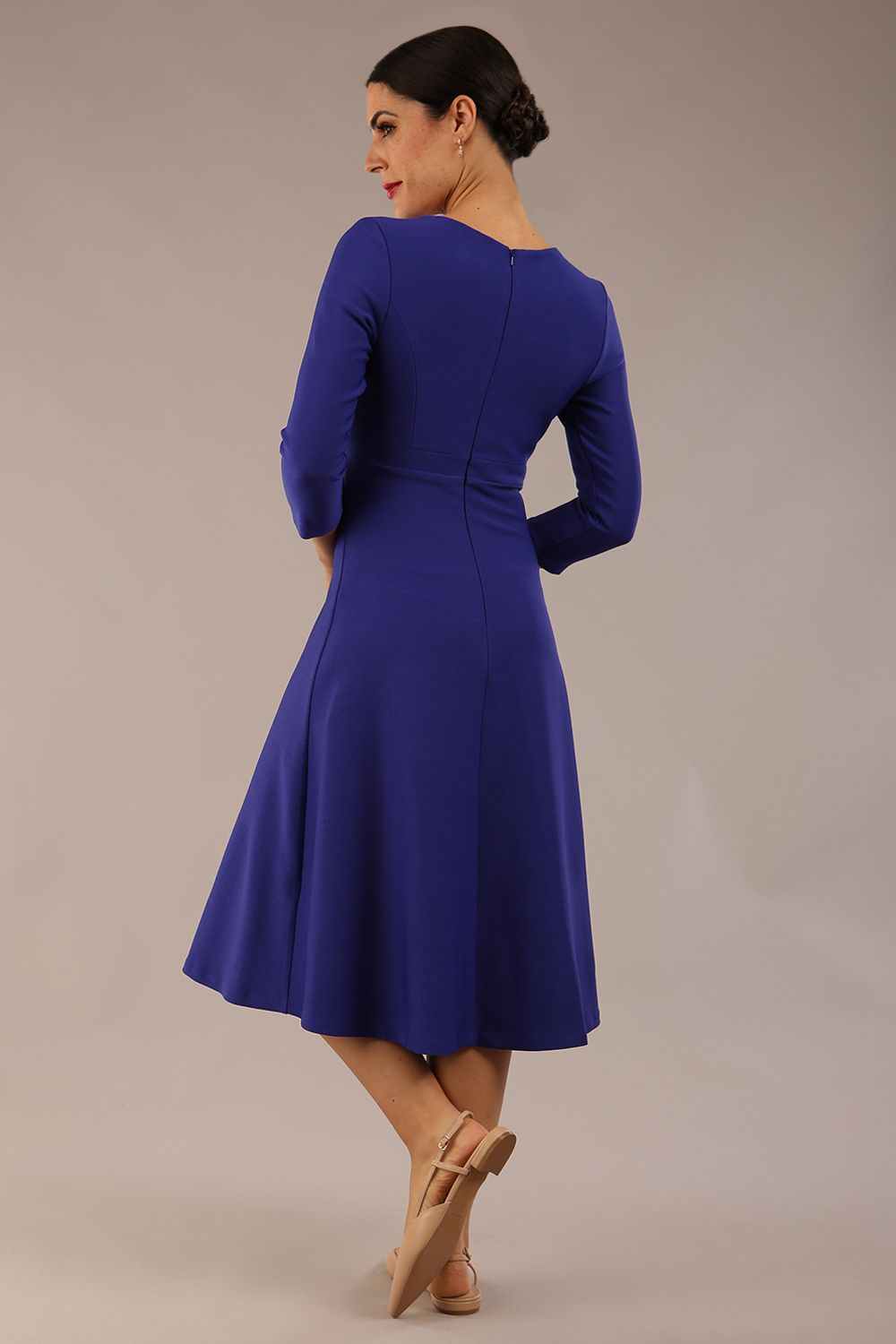 Model wearing diva catwalk Gresham 3/4 Sleeve Knee Length A-Line Dress in Palace Blue  front