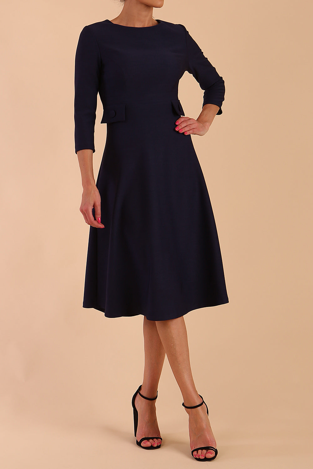Model wearing diva catwalk Gresham 3/4 Sleeve Knee Length A-Line Dress in Navy Blue back