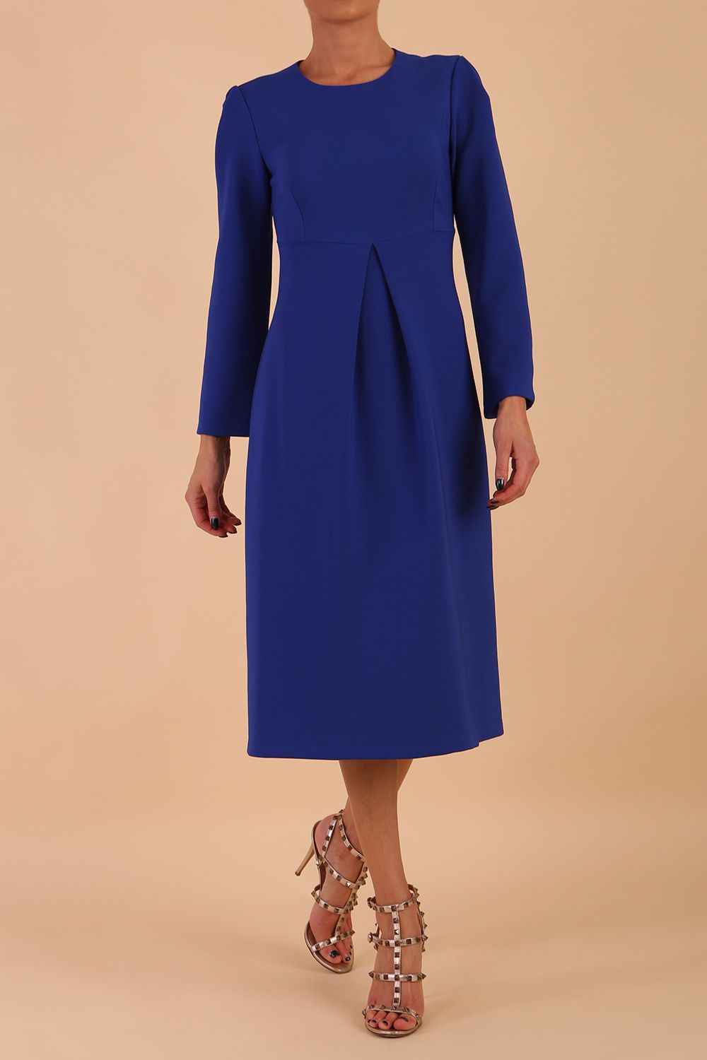 Model wearing diva catwalk in Bombay fabric the Epsom Long Sleeve and round neckline and midi A-Line Dress in Royal Blue colour front side (Royal Blue)