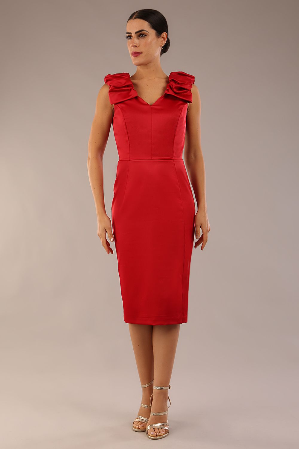 model is wearing a diva catwalk Prudence Satin Pencil Dress sleeveless and knee length with front vent in red colour (Red)