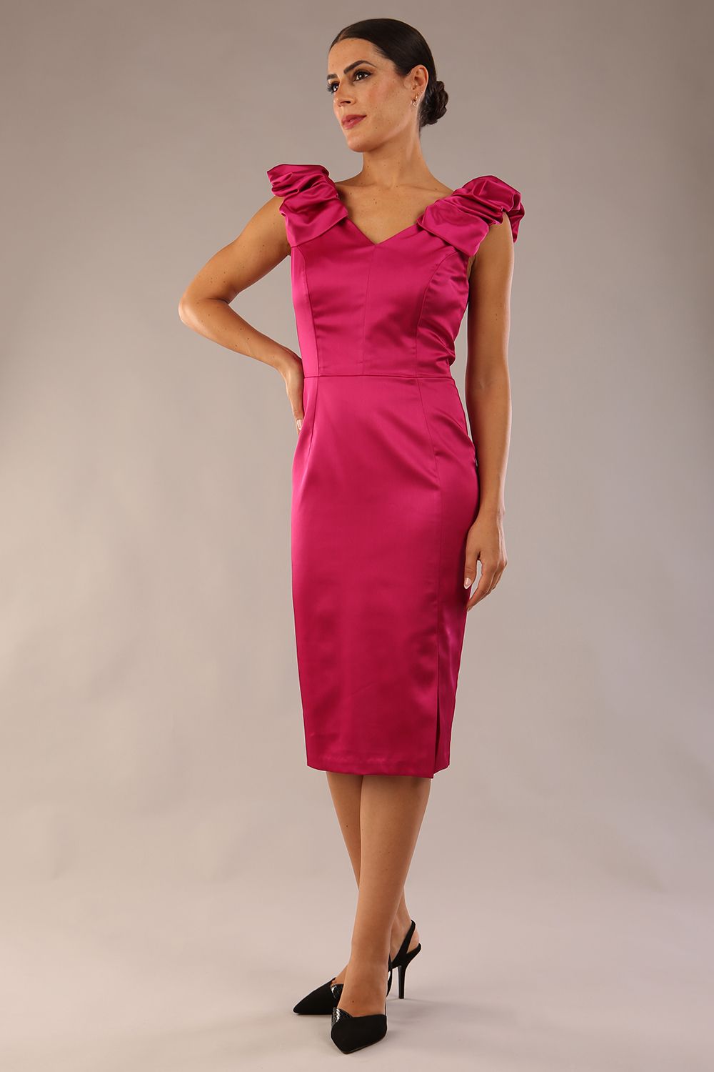 model is wearing a diva catwalk Prudence Satin Pencil Dress sleeveless and knee length with front vent in  magenta colour  (Magenta)