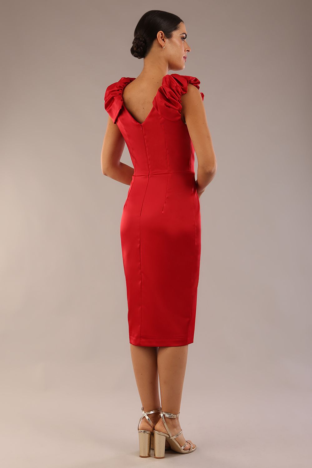 model is wearing a diva catwalk Prudence Satin Pencil Dress sleeveless and knee length with front vent in red colour (Red)