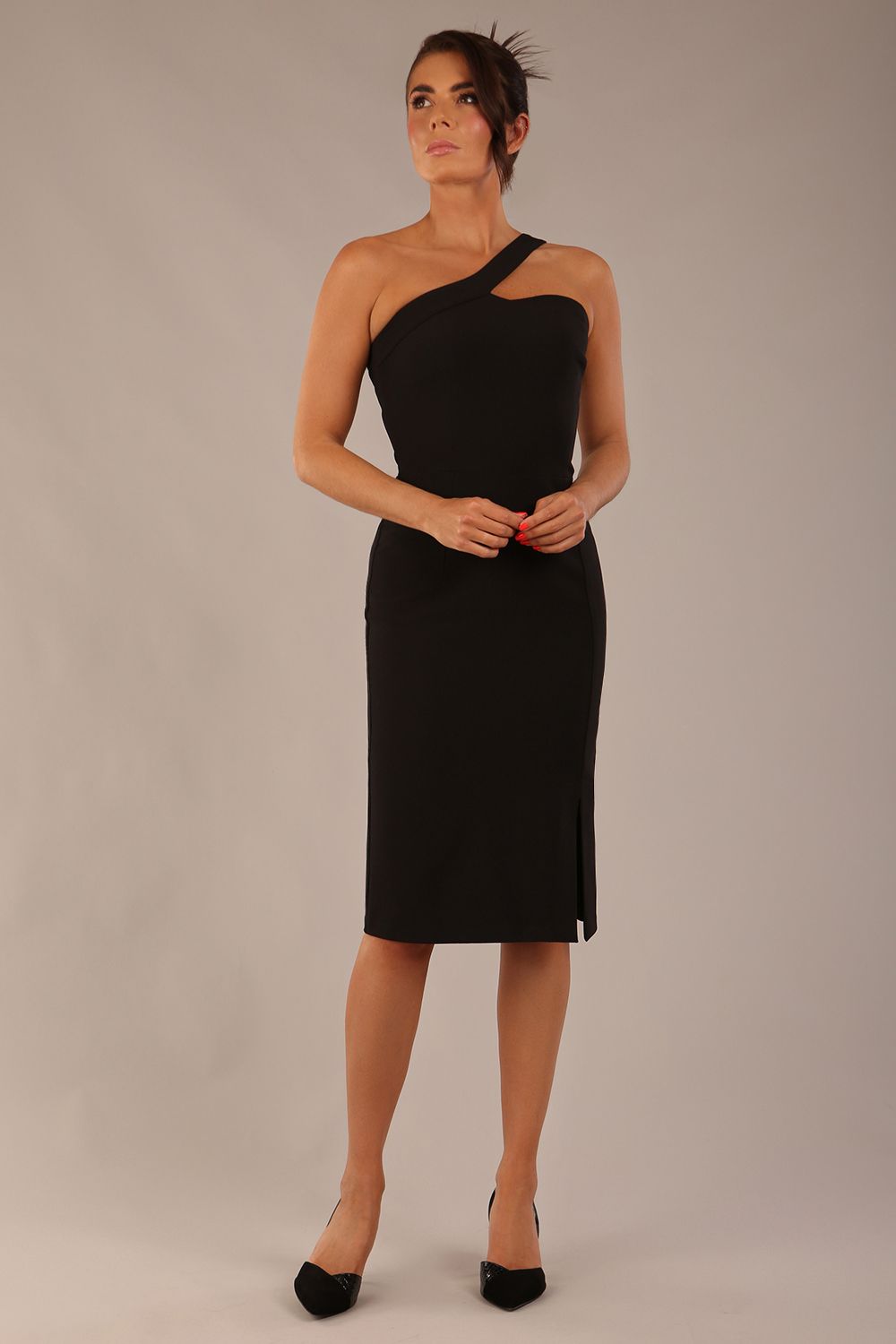 Model wearing a divacatwalk Sofia Pencil Dress knee length front side vent with diagonal halter neck in black colour front