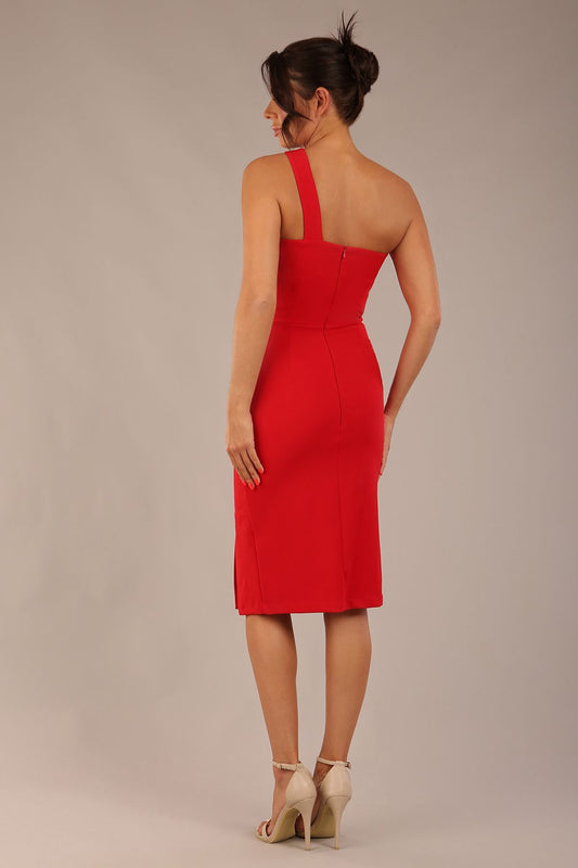 Model wearing a divacatwalk Sofia Pencil Dress knee length front side vent with diagonal halter neck in passion red front