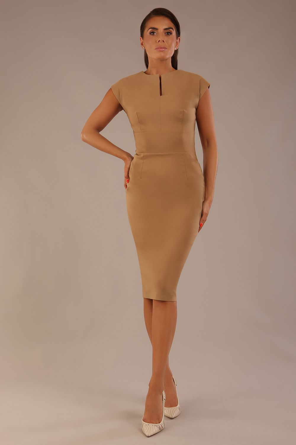 brunette model is wearing a diva catwalk Claire Cap Sleeve Pencil Dress cap sleeve with round neckline with v-slit and knee length in tannin brown colour front (Tannin Brown)