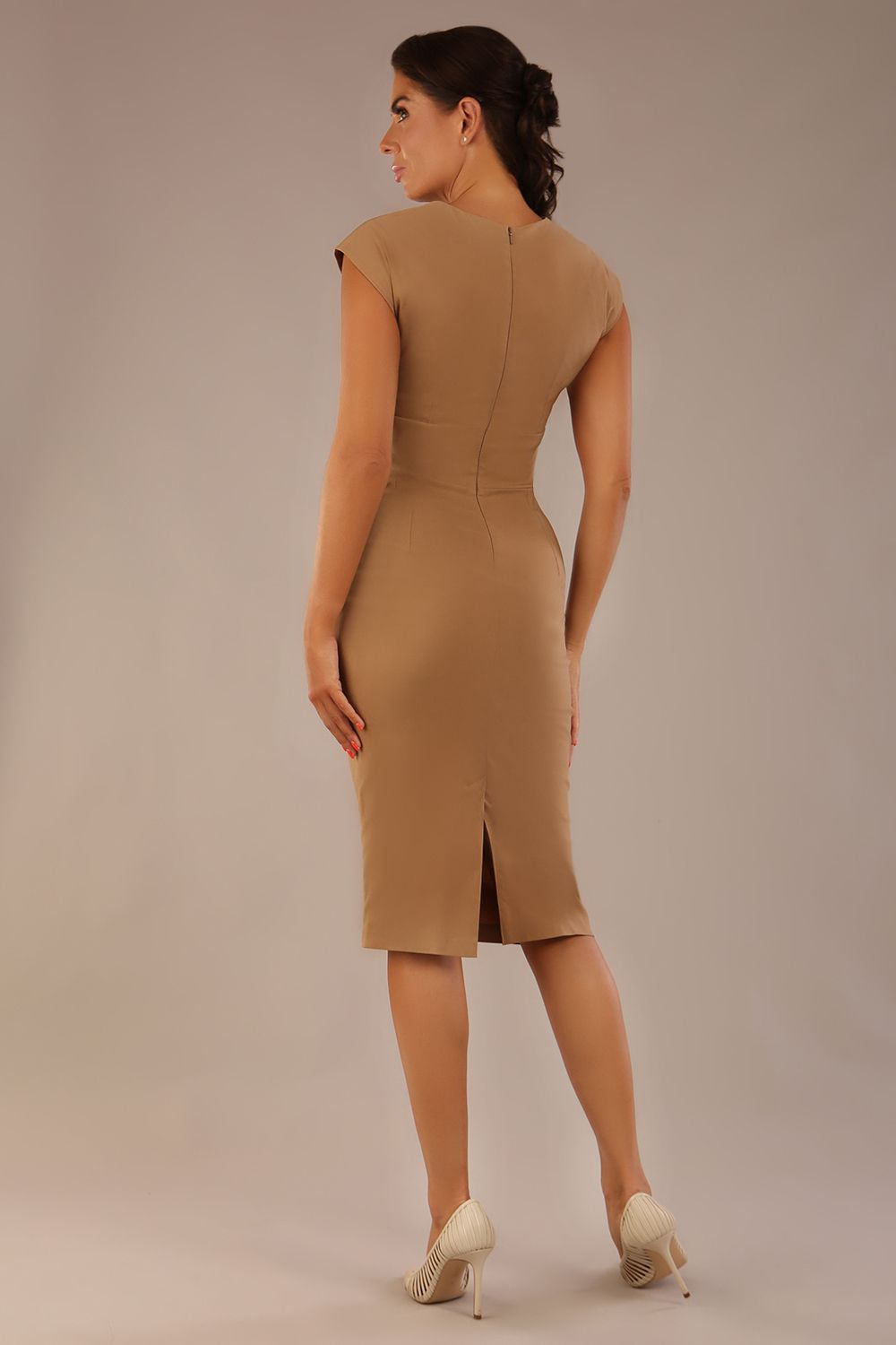 brunette model is wearing a diva catwalk Claire Cap Sleeve Pencil Dress cap sleeve with round neckline with v-slit and knee length in tannin brown colour front (Tannin Brown)