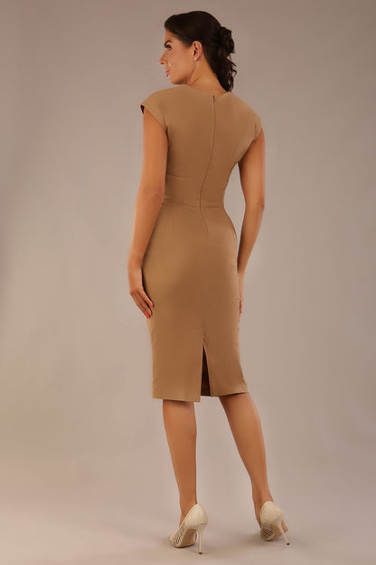 brunette model is wearing a diva catwalk Claire Cap Sleeve Pencil Dress cap sleeve with round neckline with v-slit and knee length in tannin brown colour front (Tannin Brown)