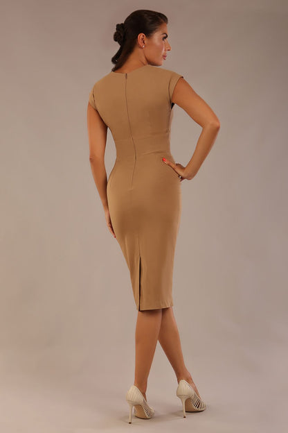 brunette model is wearing a diva catwalk Claire Cap Sleeve Pencil Dress cap sleeve with round neckline with v-slit and knee length in tannin brown colour front (Tannin Brown)