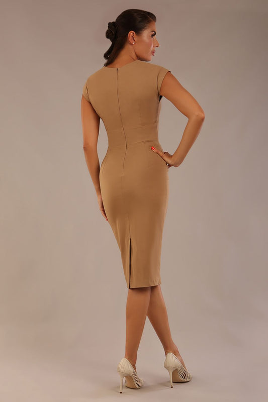 brunette model is wearing a diva catwalk Claire Cap Sleeve Pencil Dress cap sleeve with round neckline with v-slit and knee length in tannin brown colour front (Tannin Brown)