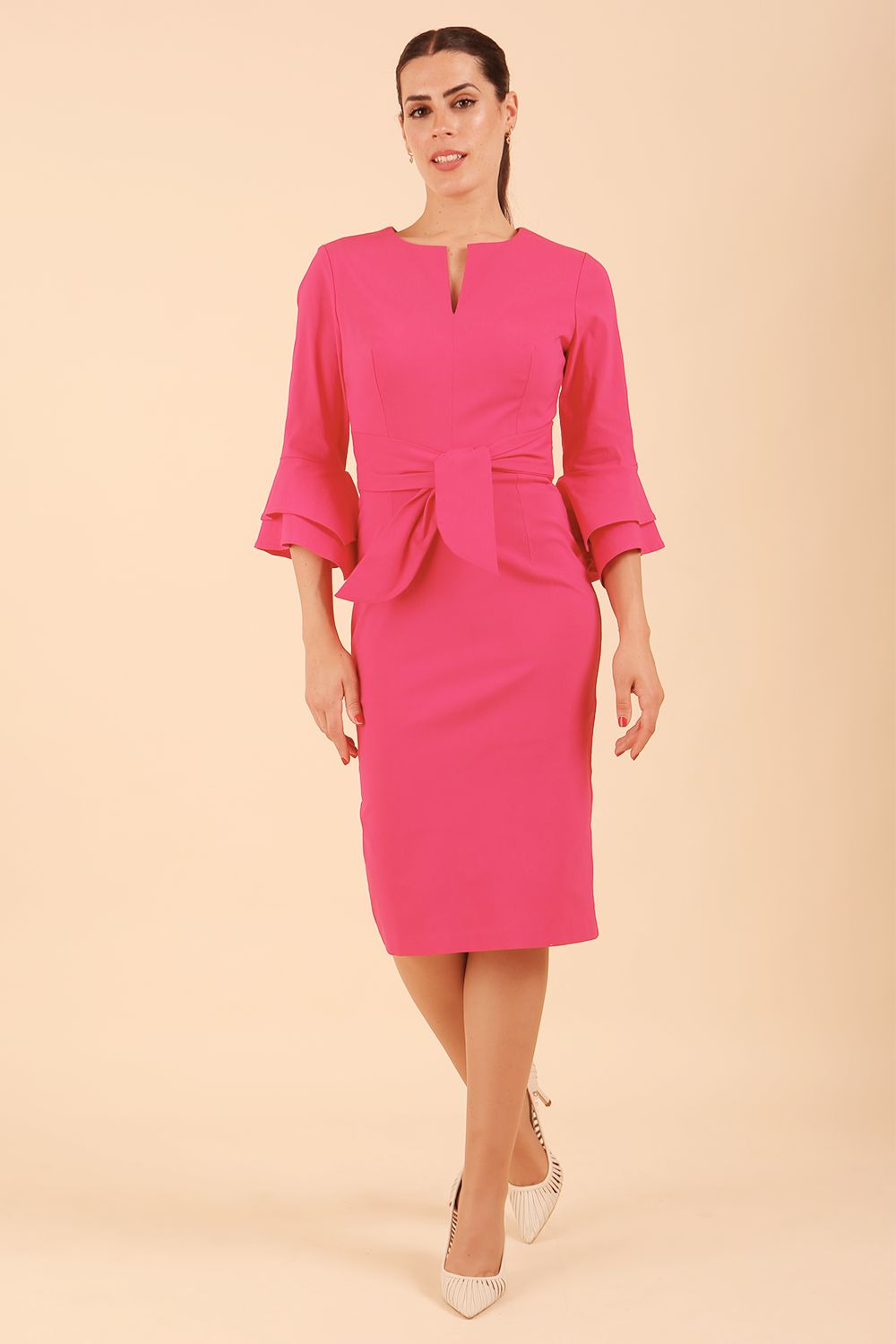 model wearing a diva catwalk Hobson ruffled sleeves Pencil Dress in Fuchsia Pink colour (Fuchsia Pink)